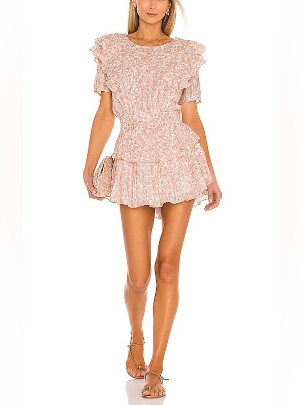 LoveShackFancy Natasha Mini Dress Size Medium Vanilla Foam Pink Floral Ruffle